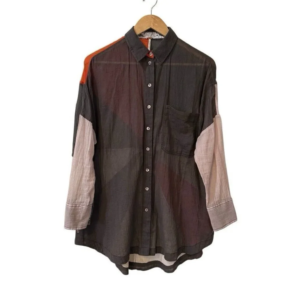 Free People Rainbow Rays Button Up Shirt Size XS Oversized Tunic Boho
